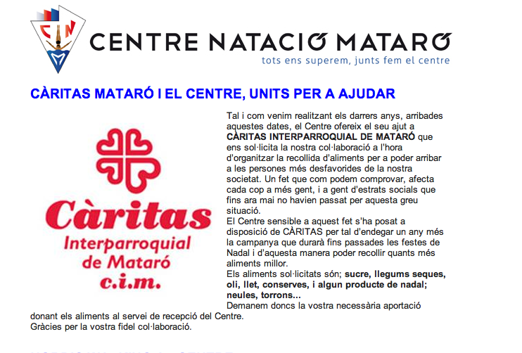 CÀRITAS MATARÓ I EL CENTRE, UNITS PER AJUDAR