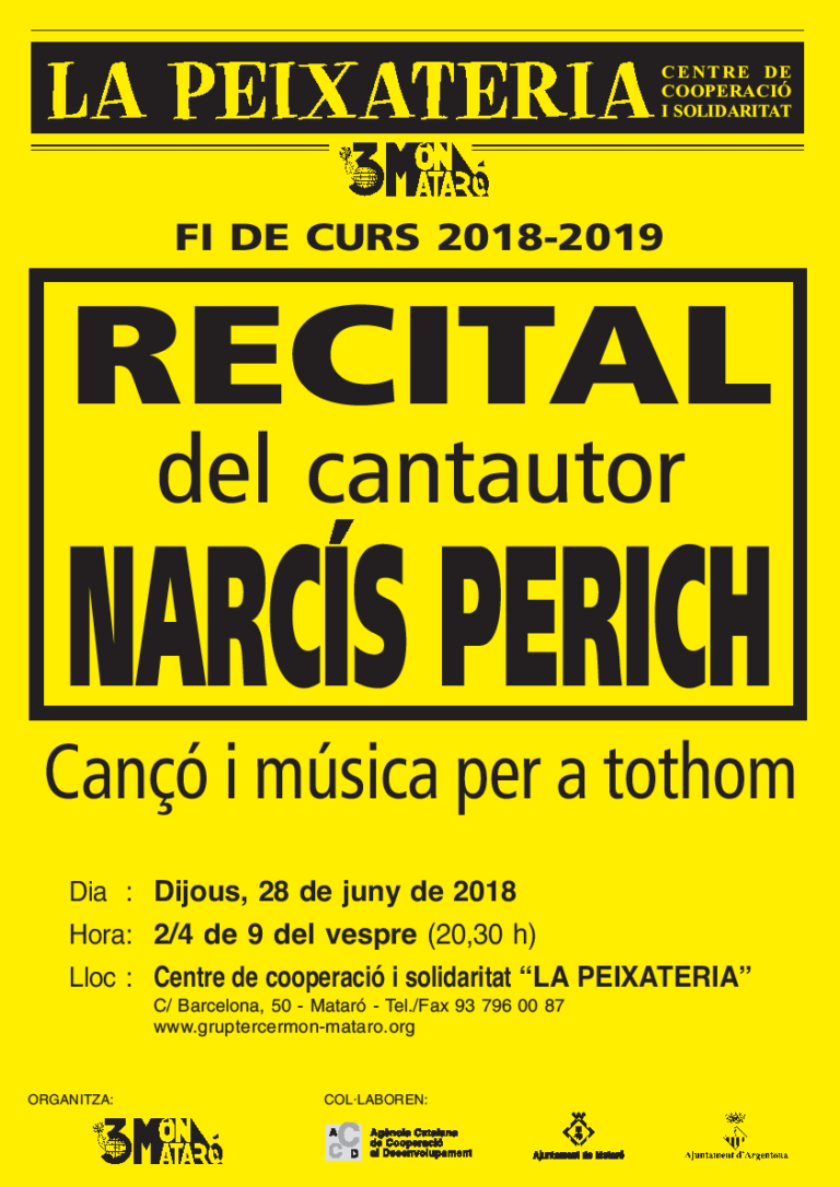 Recital del cantautor Narcís Perich com a fi de curs, Fundació Grup Tercer Món – Mataró