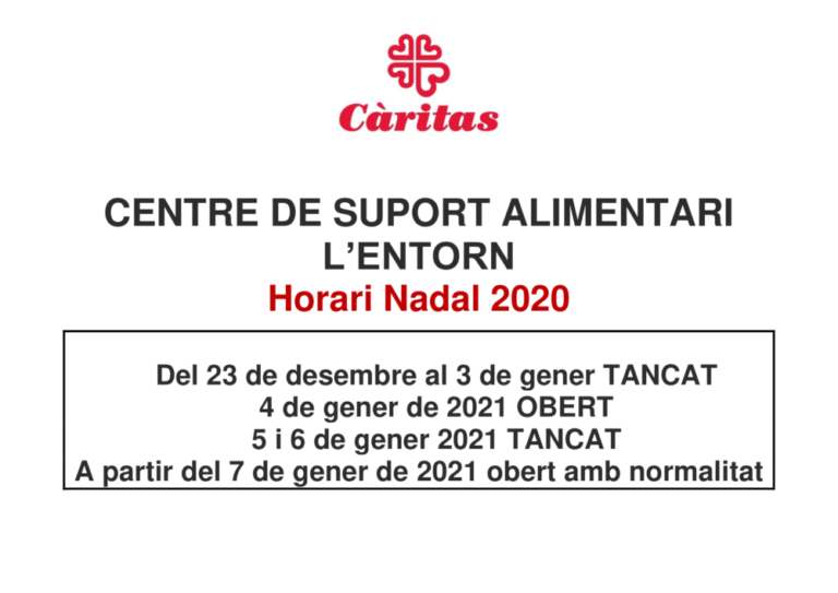 CENTRE DE SUPORT ALIMENTARI L’ENTORN Horari Nadal 2020